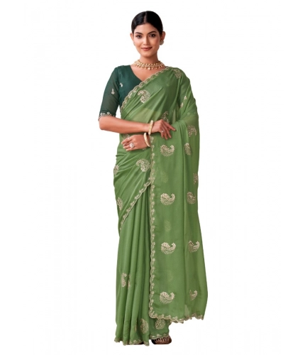 Generic Women's Digital Printed  Georgette Saree With Unstitched Blouse (Pista, 5-6 Mtrs)