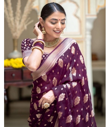 Generic Women's Soft Lichi Silk Printed Saree With Unstitched Blouse 5.5Mtr (Purple)