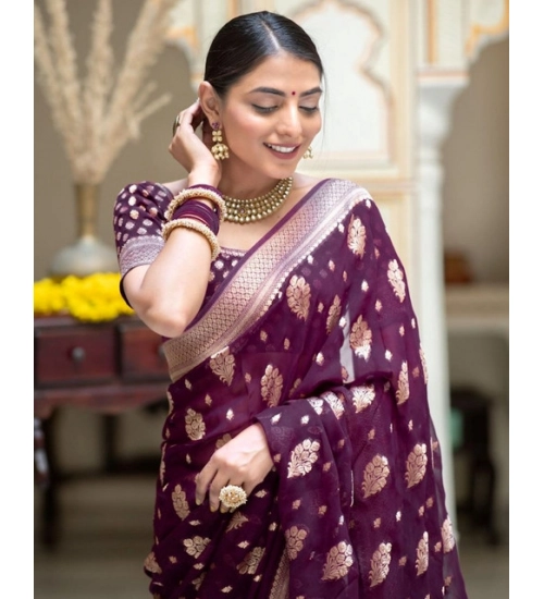 Generic Women's Soft Lichi Silk Printed Saree With Unstitched Blouse 5.5Mtr (Purple)