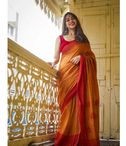 Generic Women's Soft Lilan Printed Saree With Unstitched Blouse 5.5Mtr (Mustard )