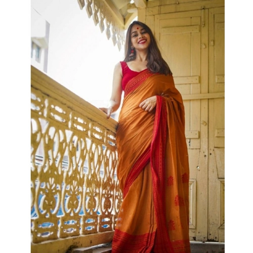 Generic Women's Soft Lilan Printed Saree With Unstitched Blouse 5.5Mtr (Mustard )