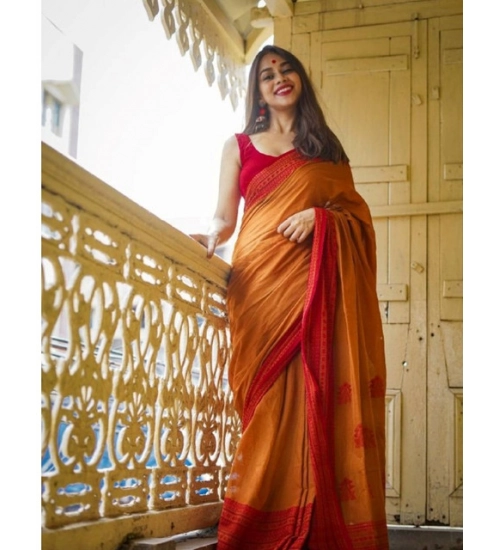 Generic Women's Soft Lilan Printed Saree With Unstitched Blouse 5.5Mtr (Mustard )