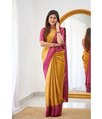 Generic Women's Soft Lichi Silk Printed Saree With Unstitched Blouse 5.5Mtr (Mustard )
