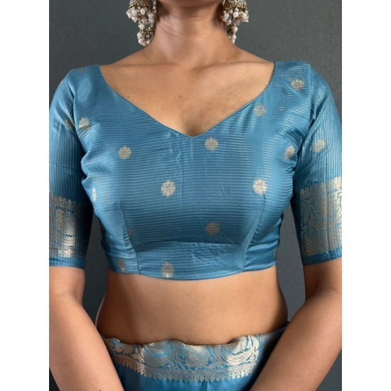 Generic Women's Satin Printed Saree With Unstitched Blouse 5.5Mtr (light Blue)