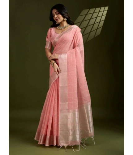 Generic Women's Tissue Checks_With_Buttis Saree With Unstitched Blouse 5.5Mtr (Peach)