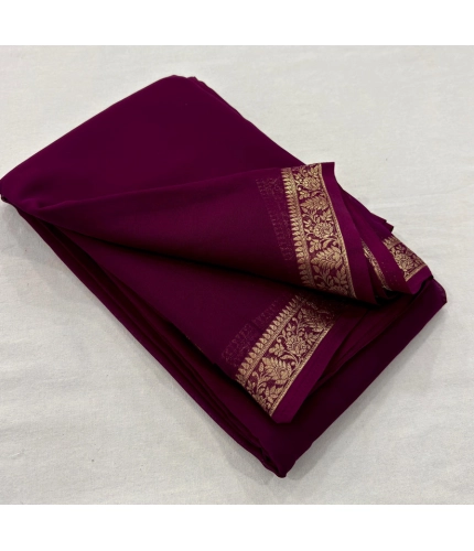 Generic Women's Crepe Chit Pallu Solid Saree With Unstitched Blouse 5.5Mtr (Wine)