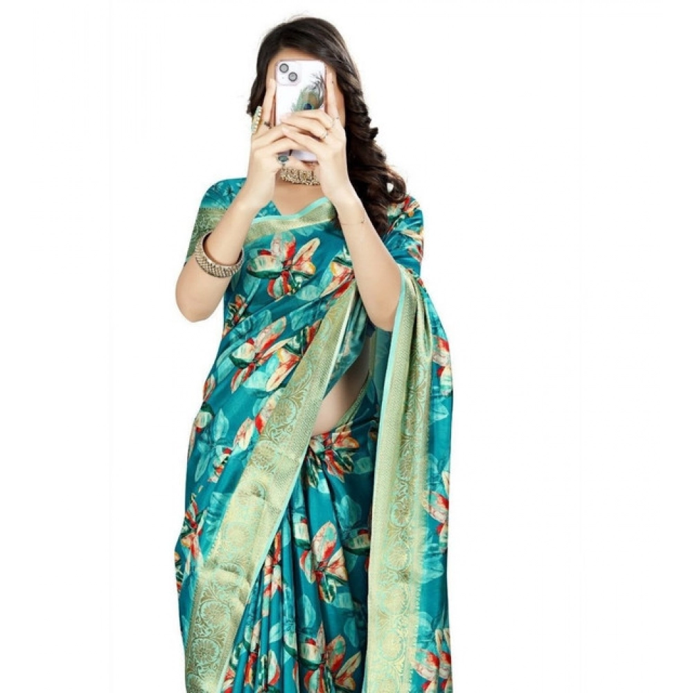 Women’s Cotton Silk Floral Printed Saree With Unstitched Blouse 5.5Mtr (Turquoise)