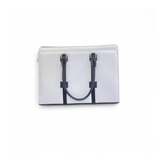 Generic Women's Polyurethane Solid Structured Shoulder Tote Handbag (Cream-Navy Blue)