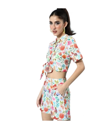 Generic Women's Polyester Floral Short Sleeve Co-Ord Set (Multicolor)