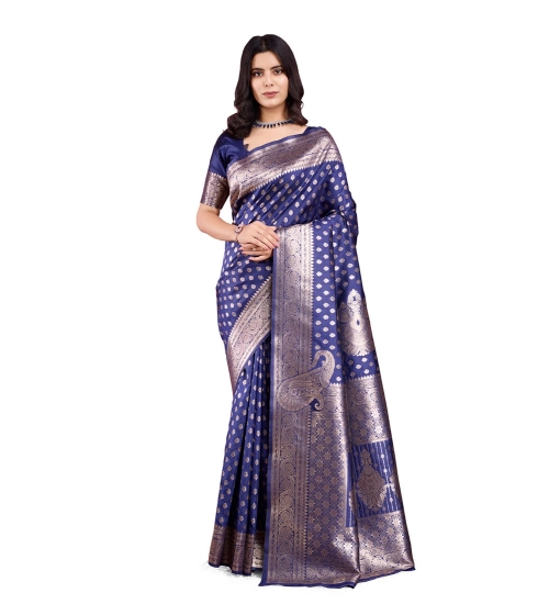 Generic Women's Banarasi Silk Printed Saree With Unstitched Blouse 5.5Mtr (Blue)