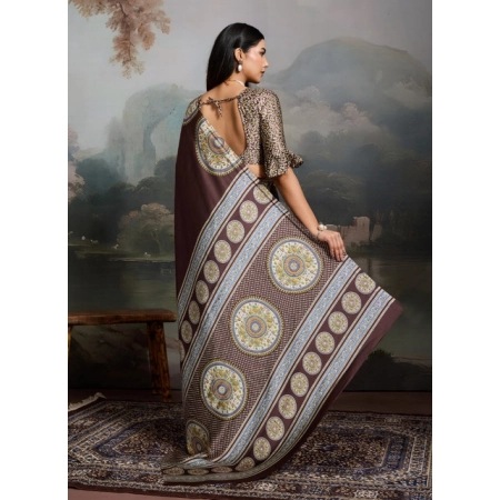Women's Satin Crepe Printed Saree With Unstitched Blouse 5.5Mtr (Brown)