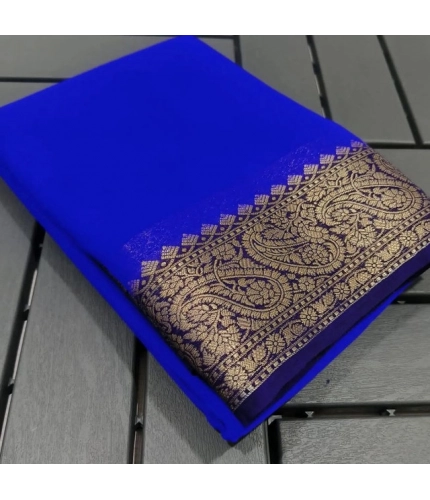 Generic Women's Crepe Chit Pallu Solid Saree With Unstitched Blouse 5.5Mtr (Navy Blue)