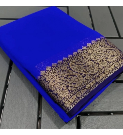 Generic Women's Crepe Chit Pallu Solid Saree With Unstitched Blouse 5.5Mtr (Navy Blue)