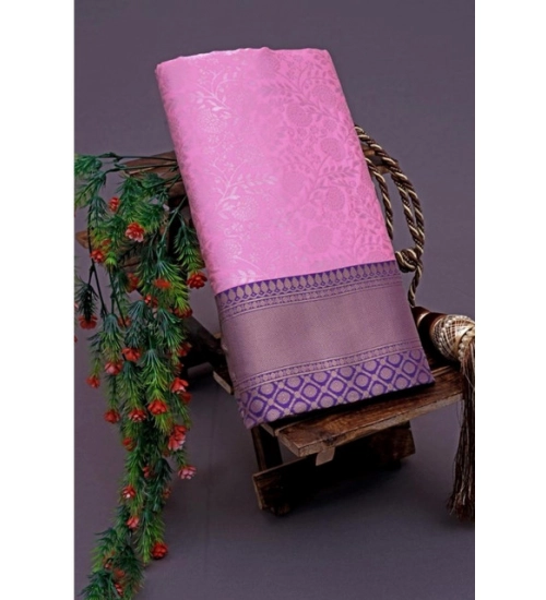 Generic Women's Soft Litchi Silk Jacquard Work Saree With Unstitched Blouse 5.5Mtr (Pink)