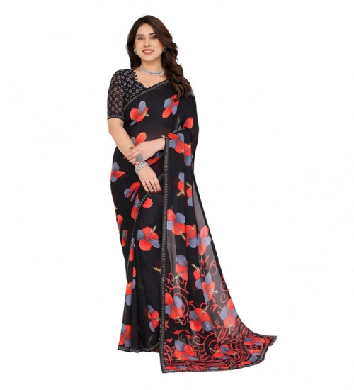 Generic Women's Georgette Printed Saree With Unstitched Blouse 5.5Mtr (Black)