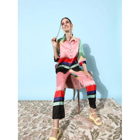 Generic Women's Satin Colour Block Long Sleeves Co-Ord Set (Multicolor)