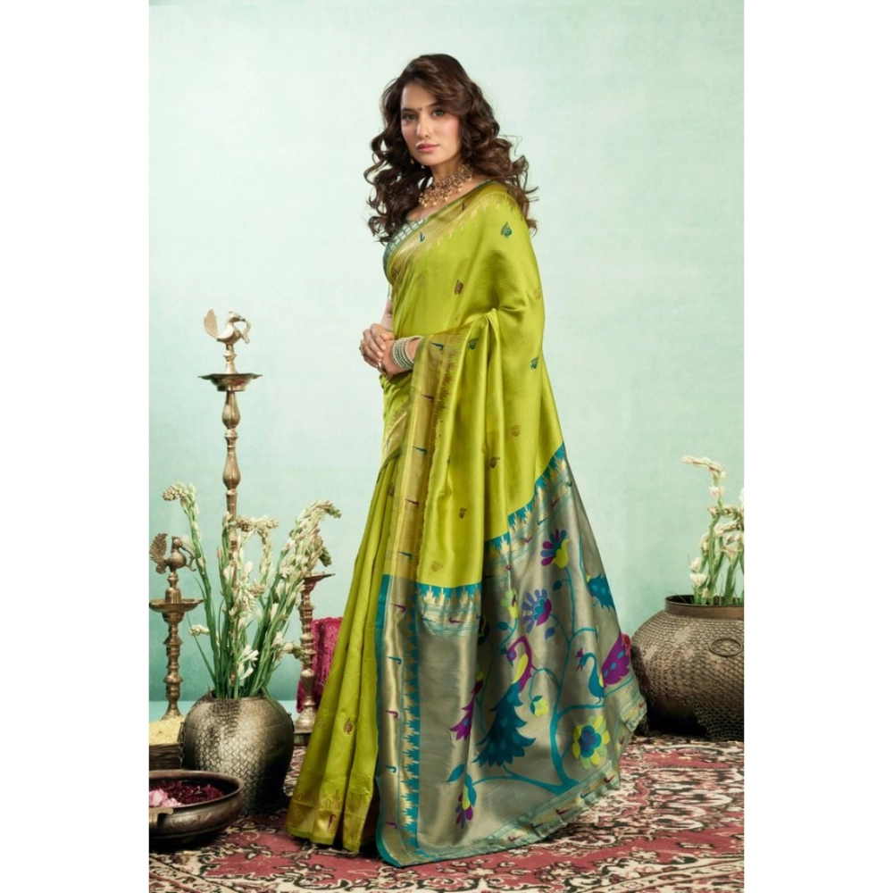 Generic Women's Silk Blend Woven Saree With Unstitched Blouse 5.5 Mtr (Lime)