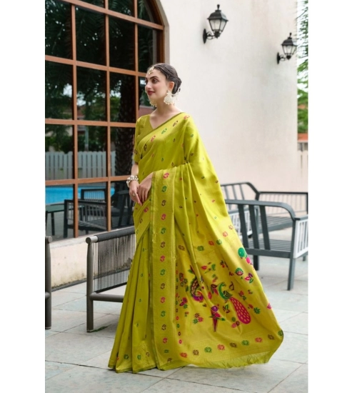 Generic Women's Silk Blend Paithani Weaving Saree With Unstitched Blouse 5.5Mtr (Lime-Green)