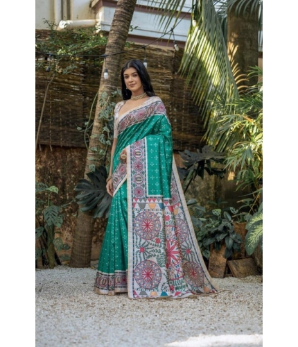 Generic Women's Faux_Tussar Geometric_Print Saree With Unstitched Blouse 5.5Mtr (Rama_Green)