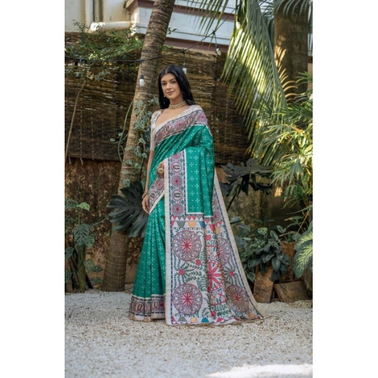 Generic Women's Faux_Tussar Geometric_Print Saree With Unstitched Blouse 5.5Mtr (Rama_Green) Generic Women's Faux_Tussar Geometric_Print Saree With Unstitched Blouse 5.5Mtr (Rama_Green)