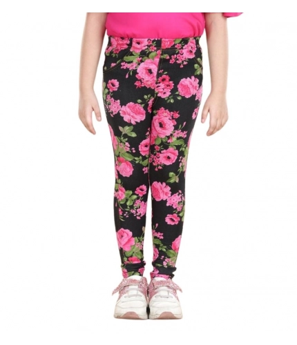 Generic Girl's Cotton Lycra Floral Elasticated Jeggings (Black-Pink)