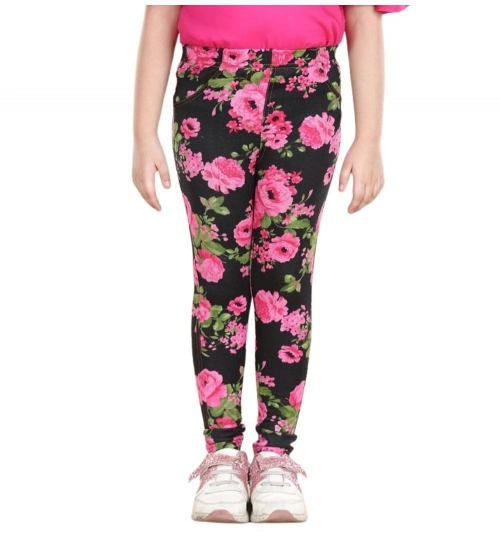 Generic Girl's Cotton Lycra Floral Elasticated Jeggings (Black-Pink) Generic Girl's Cotton Lycra Floral Elasticated Jeggings (Black-Pink)