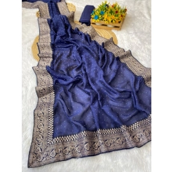 Generic Women's Silk Embroidred Saree With Unstitched Blouse 5.5Mtr (Blue)