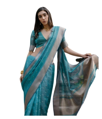 Generic Women's Silk_Blend Butti Pattern Saree With Unstitched Blouse 5.5Mtr (Teal)