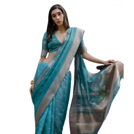 Generic Women's Silk_Blend Butti Pattern Saree With Unstitched Blouse 5.5Mtr (Teal) Generic Women's Silk_Blend Butti Pattern Saree With Unstitched Blouse 5.5Mtr (Teal)