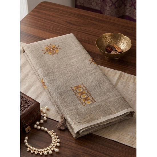 Generic Women's Linen Embroidered Saree With Unstitched Blouse 5.5Mtr (Light Beige) Generic Women's Linen Embroidered Saree With Unstitched Blouse 5.5Mtr (Light Beige)