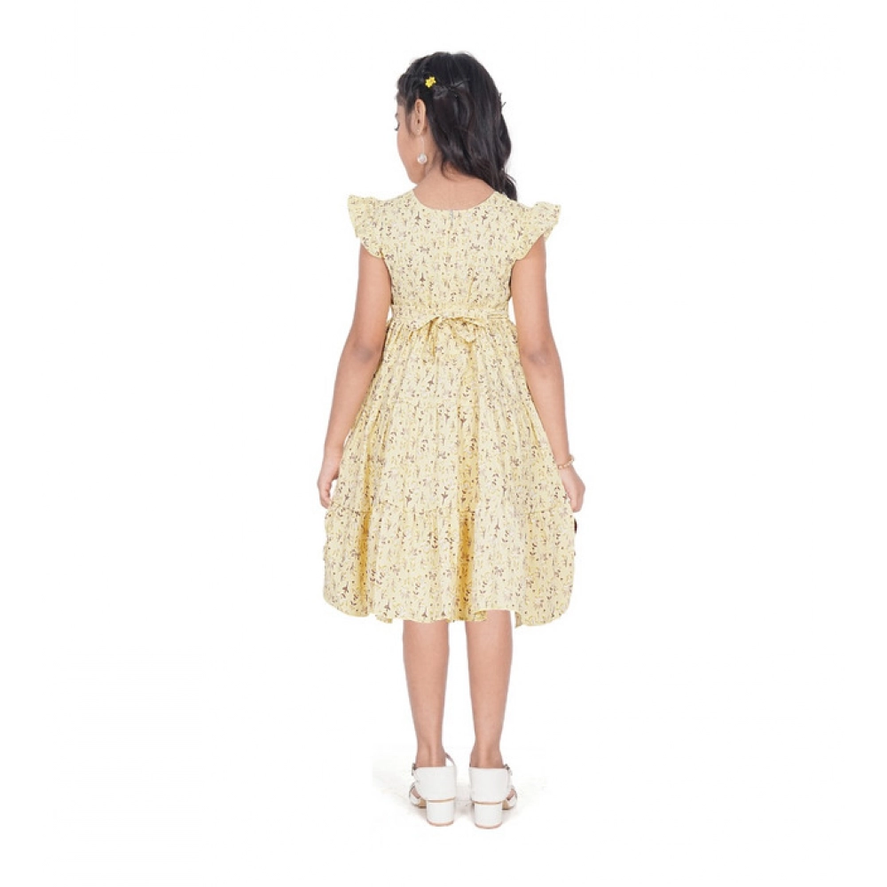 Generic Girl's Twill Printed Short Sleeve Round Neck Dress (Yellow)