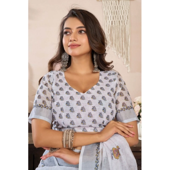 Generic Women's Linen Cotton Printed Ready To Wear Saree With Unstitched Blouse 5.5 Mtr (Off_White)