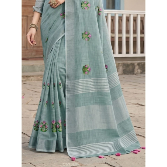 Generic Women's Linen Embroidered Saree With Unstitched Blouse 5.5Mtr (Sea Green) Generic Women's Linen Embroidered Saree With Unstitched Blouse 5.5Mtr (Sea Green)