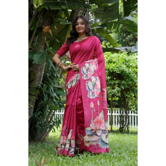 Generic Women's Faux_Tussar Floral Saree With Unstitched Blouse 5.5Mtr (Pink) Generic Women's Faux_Tussar Floral Saree With Unstitched Blouse 5.5Mtr (Pink)