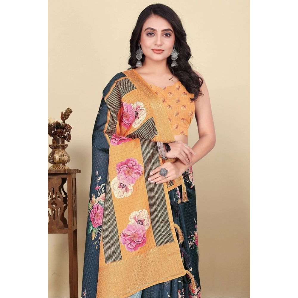 Women’s Cotton Silk Floral Printed Saree With Unstitched Blouse 5.5Mtr (Blue)