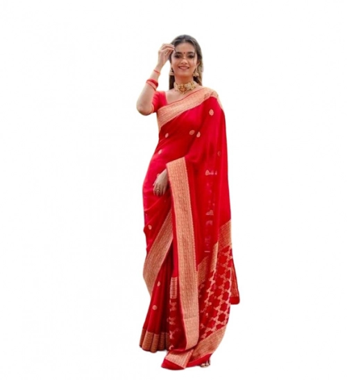 Generic Women's Litchi silk Printed Saree With Unstitched Blouse (Red)
