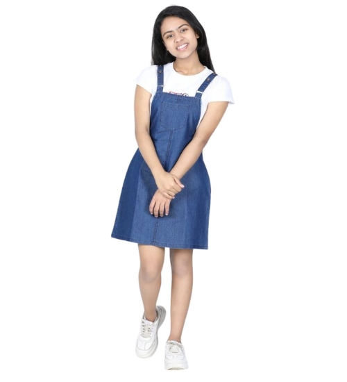 Generic Girl's Denim Solid Sleeveless Dress (Blue)