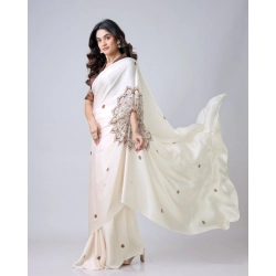 Women's Soft Crepe Silk Printed Ready To Wear Saree With Unstitched Blouse 5.5Mtr (Off White)