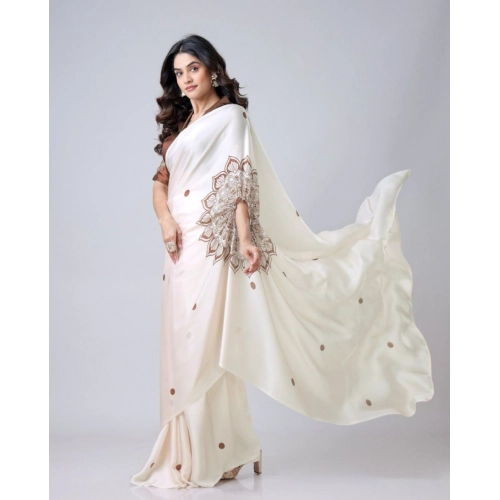 Women's Soft Crepe Silk Printed Ready To Wear Saree With Unstitched Blouse 5.5Mtr (Off White) Women's Soft Crepe Silk Printed Ready To Wear Saree With Unstitched Blouse 5.5Mtr (Off White)