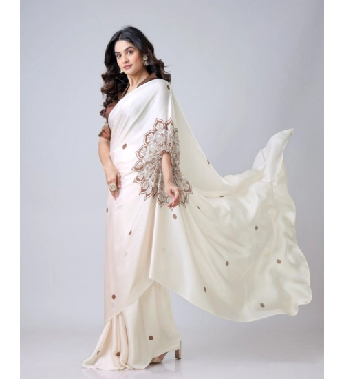 Generic Women's Soft Crepe Silk Printed Ready To Wear Saree With Unstitched Blouse 5.5Mtr (Off White)