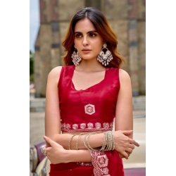 Generic Women's Faux Shimmer Geometric Ready to wear Saree With Unstitched Blouse 5.5Mtr (Red)
