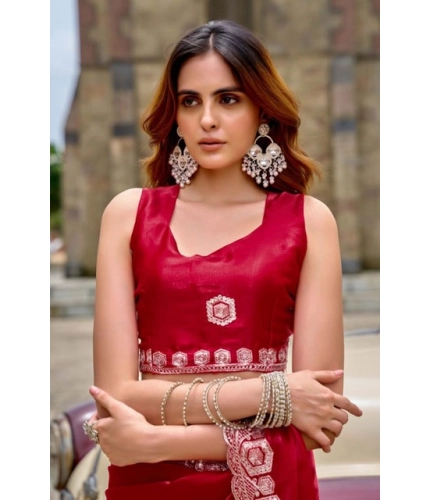 Generic Women's Faux Shimmer Geometric Ready to wear Saree With Unstitched Blouse 5.5Mtr (Red)