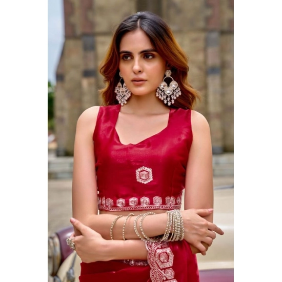 Generic Women's Faux Shimmer Geometric Ready to wear Saree With Unstitched Blouse 5.5Mtr (Red) Generic Women's Faux Shimmer Geometric Ready to wear Saree With Unstitched Blouse 5.5Mtr (Red)