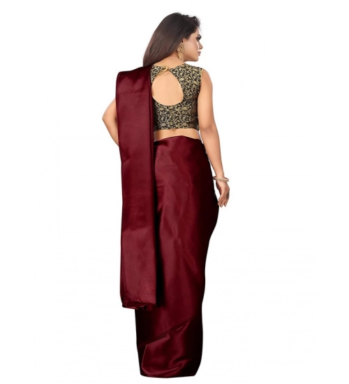 Generic Women's Satin Printed Saree With Unstitched Blouse 5.5Mtr (Maroon)
