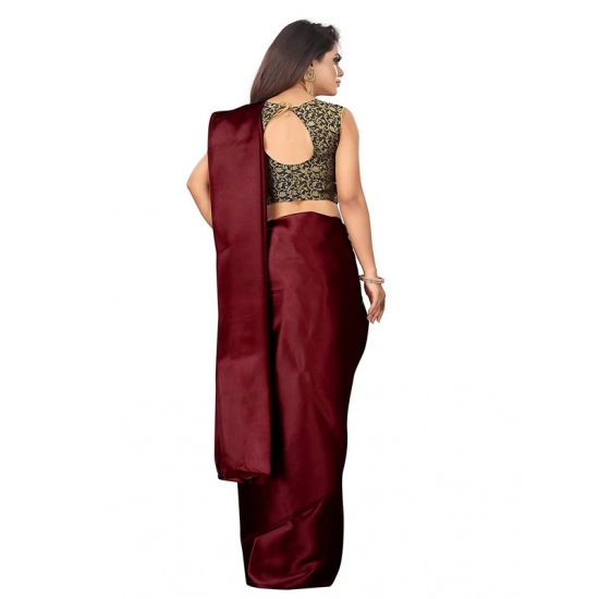 Generic Women's Satin Printed Saree With Unstitched Blouse 5.5Mtr (Maroon)