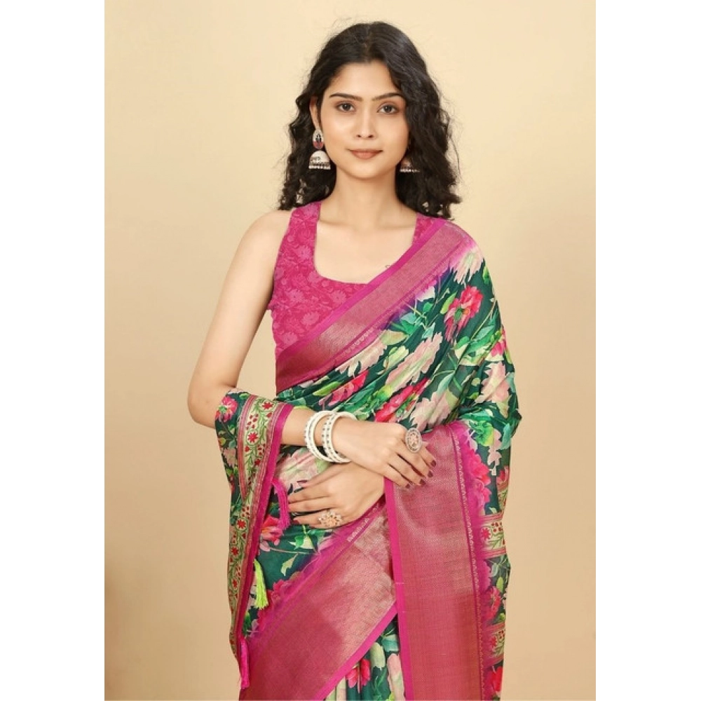 Women’s Cotton Silk Floral Printed Saree With Unstitched Blouse 5.5Mtr (Green)