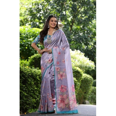 Generic Women's Faux_Tussar Floral_Print Saree With Unstitched Blouse 5.5Mtr (Lavender)