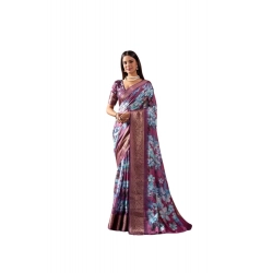 Generic Women's Faux_Silk Printed Saree With Unstitched Blouse 5.5Mtr (Blue)
