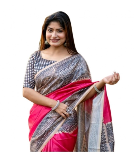 Generic Women's Faux_Tussar Geometric_Print Saree With Unstitched Blouse 5.5Mtr (Pink)