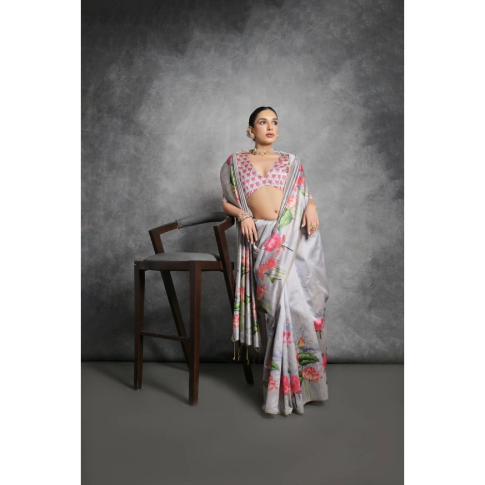 Generic Women's Cotton Printed Saree With Unstitched Blouse 5.5 Mtr (Grey)